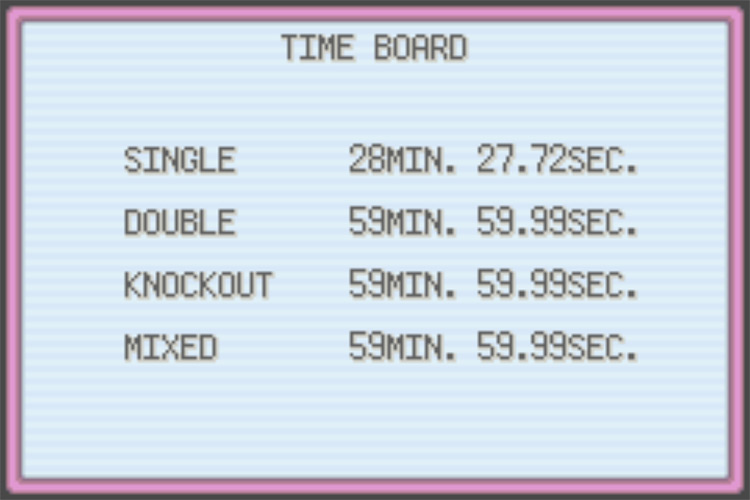 The Trainer Tower’s time board, displaying the player’s records for each mode / Pokemon FRLG