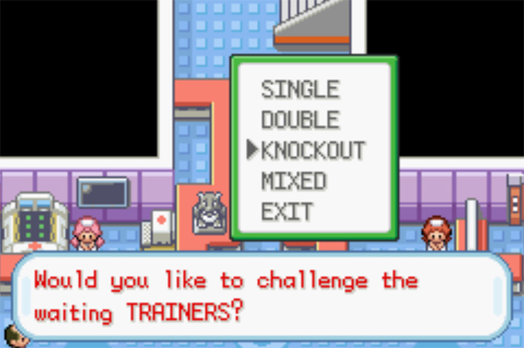 Selecting a Trainer Tower mode from the menu at the central counter / Pokemon FRLG