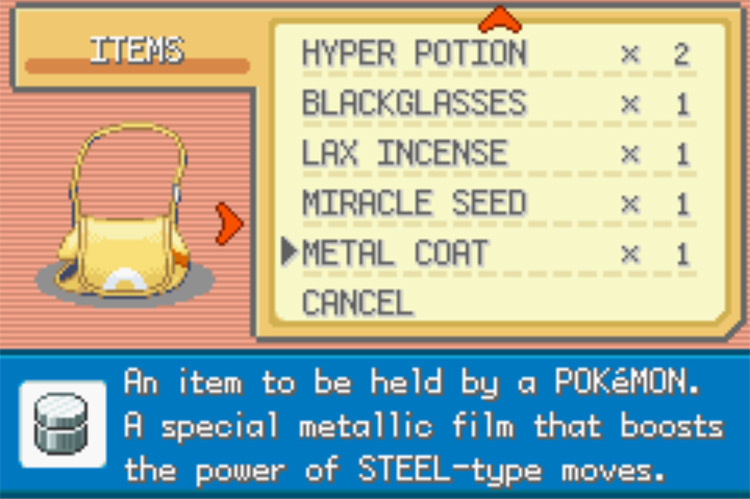 A Metal Coat in the Bag’s Items pocket / Pokemon FRLG