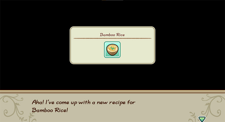 The farmer gets inspired to make Bamboo Rice while in the kitchen. / Story of Seasons: Friends of Mineral Town