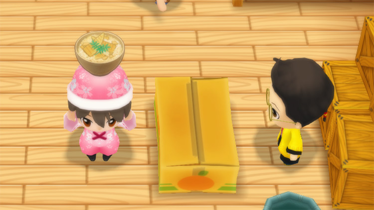 The farmer stands in front of Huang’s counter while holding a bowl of Bamboo Rice. / Story of Seasons: Friends of Mineral Town