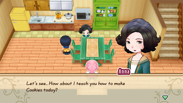 Anna teaches the farmer how to make Cookies. / Story of Seasons: Friends of Mineral Town