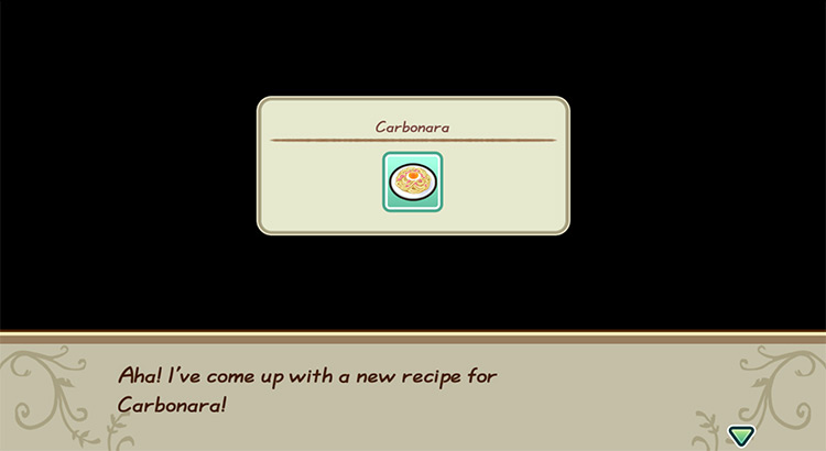 The farmer gets inspired to cook Carbonara while in the kitchen. / Story of Seasons: Friends of Mineral Town