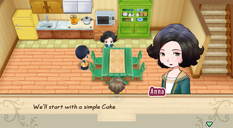 Anna teaches the farmer how to make Cake. / Story of Seasons: Friends of Mineral Town