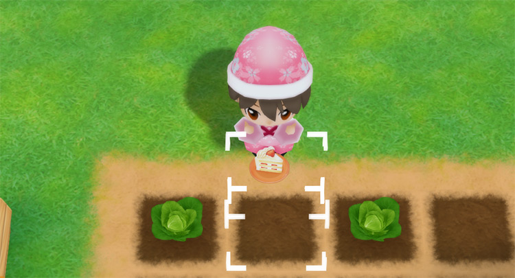 The farmer eats a slice of Cake to restore stamina while harvesting crops. / Story of Seasons: Friends of Mineral Town