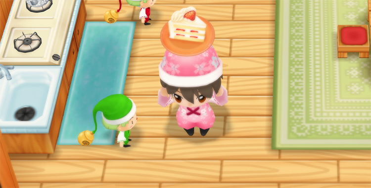 The farmer stands next to Mint while holding a slice of Cake. / Story of Seasons: Friends of Mineral Town