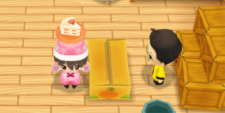 The farmer stands in front of Huang’s counter while holding a slice of Cake. / Story of Seasons: Friends of Mineral Town
