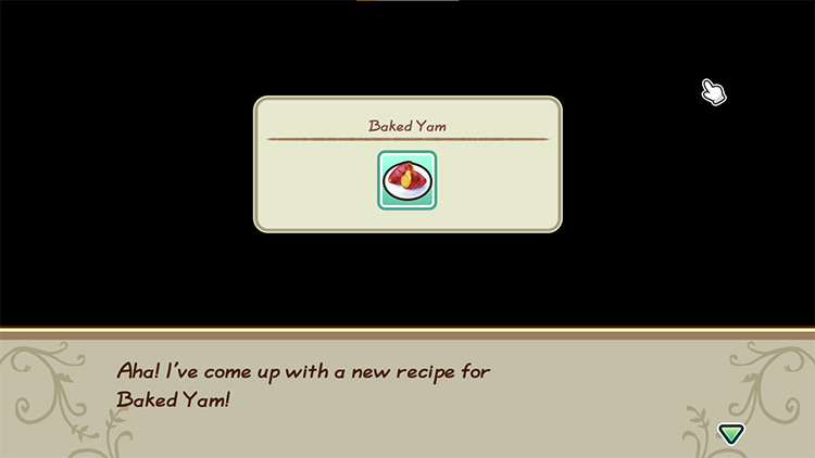 The farmer gets inspired to cook Baked Yam while in the kitchen. / Story of Seasons: Friends of Mineral Town