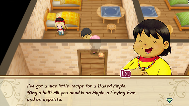 Lou offers to teach the farmer the recipe for Baked Apple. / Story of Seasons: Friends of Mineral Town