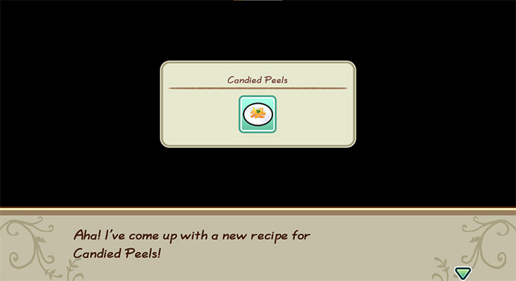 The farmer gets inspired to cook Candied Peels while in the kitchen. / Story of Seasons: Friends of Mineral Town
