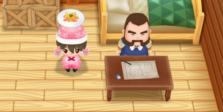 The farmer stands next to Gotts while holding a plate of Candied Peels. / Story of Seasons: Friends of Mineral Town