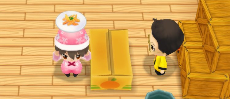 The farmer stands in front of Huang’s counter while holding a plate of Candied Peels. / Story of Seasons: Friends of Mineral Town