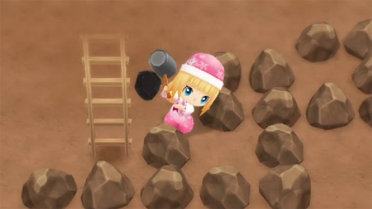 The farmer uses the Hammer to break rocks in the Mine. / Story of Seasons: Friends of Mineral Town