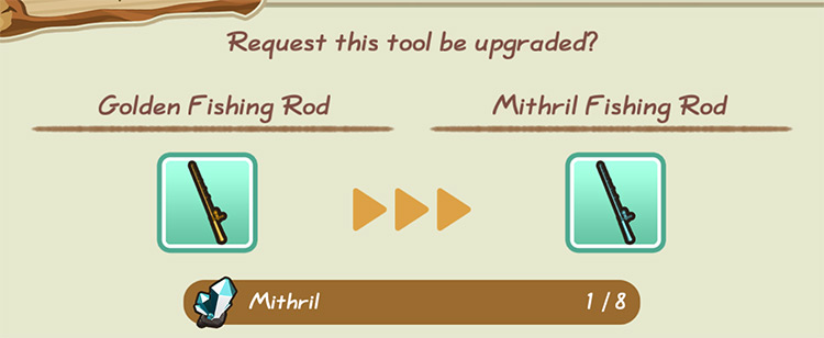 The farmer buys a Fishing Rod upgrade from Saibara at the Forge. / Story of Seasons: Friends of Mineral Town