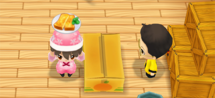 The farmer stands in front of Huang’s counter while holding a plate of French Toast. / Story of Seasons: Friends of Mineral Town