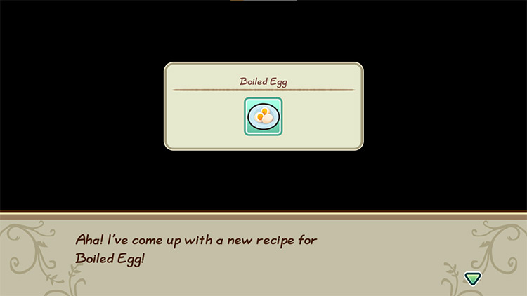 The farmer gets inspired to cook Boiled Egg while in the kitchen. / Story of Seasons: Friends of Mineral Town