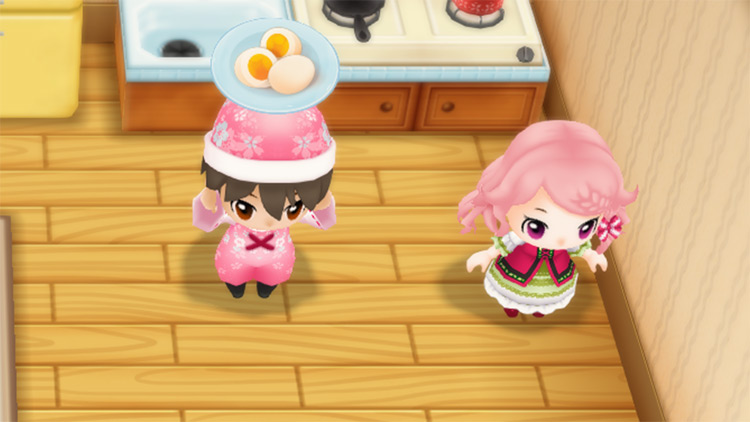 The farmer stands next to Popuri while holding a plate of Boiled Egg. / Story of Seasons: Friends of Mineral Town