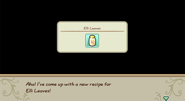 The farmer gets inspired to cook Elli Leaves while in the kitchen. / Story of Seasons: Friends of Mineral Town