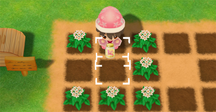 The farmer consumes Elli Leaves to restore stamina while watering plants. / Story of Seasons: Friends of Mineral Town