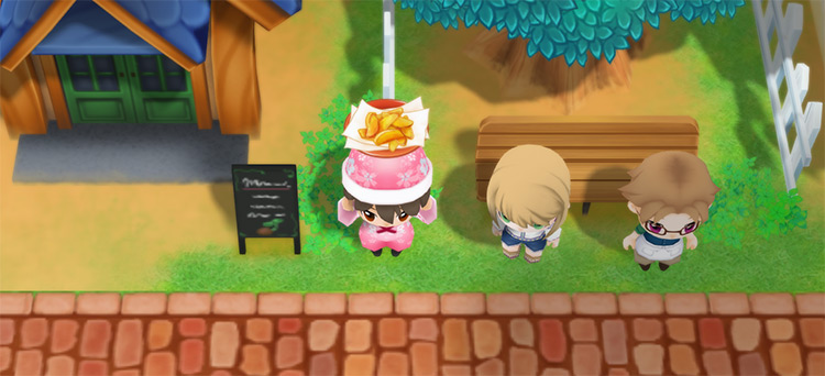 The farmer stands next to Karen while holding a plate of French Fries. / Story of Seasons: Friends of Mineral Town