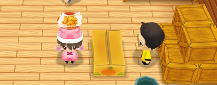 The farmer stands in front of Huang’s counter while holding a plate of French Fries. / Story of Seasons: Friends of Mineral Town