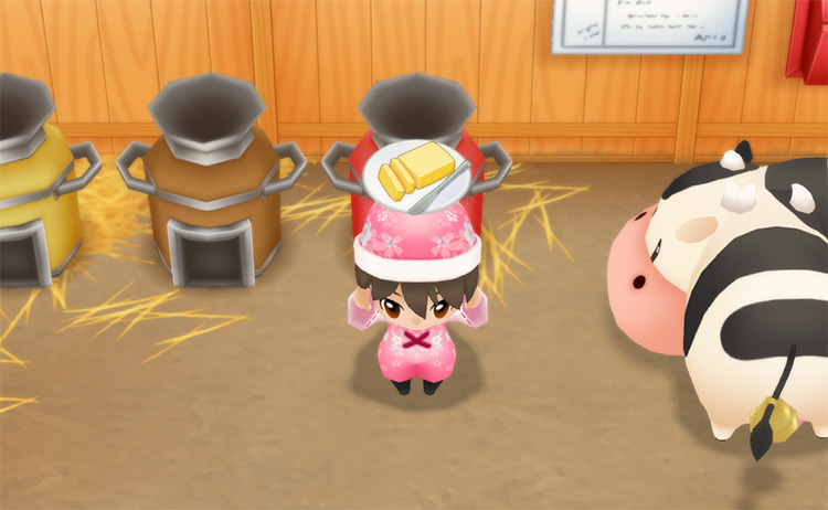The farmer makes Butter using the Butter Maker. / Story of Seasons: Friends of Mineral Town