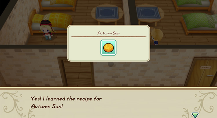 Lou offers to teach the farmer the recipe for Autumn Sun. / Story of Seasons: Friends of Mineral Town
