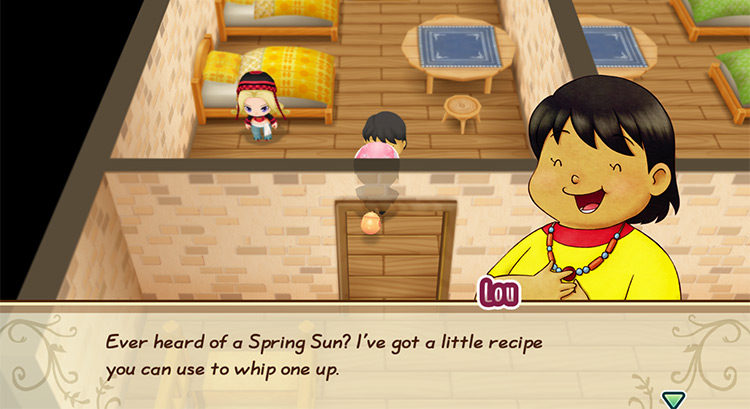 Lou offers to teach the farmer the recipe for Spring Sun. / Story of Seasons: Friends of Mineral Town