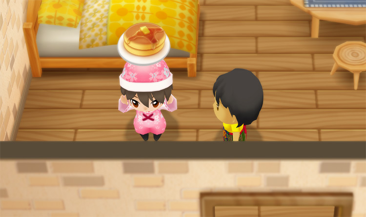 The farmer stands next to Lou while holding a stack of Pancakes. / Story of Seasons: Friends of Mineral Town