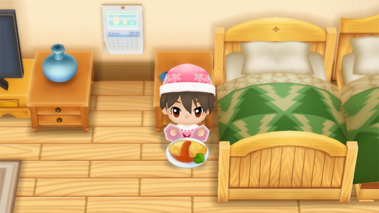 The farmer eats Omelet Rice to restore stamina in the morning. / Story of Seasons: Friends of Mineral Town