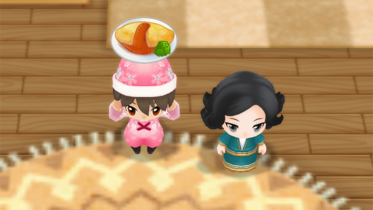 The farmer stands next to Anna while holding a plate of Omelet Rice. / Story of Seasons: Friends of Mineral Town