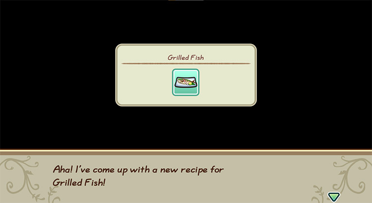 The farmer gets inspired to cook Grilled Fish while in the kitchen. / Story of Seasons: Friends of Mineral Town