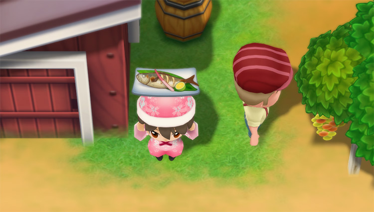 The farmer stands next to Duke while holding a plate of Grilled Fish. / Story of Seasons: Friends of Mineral Town