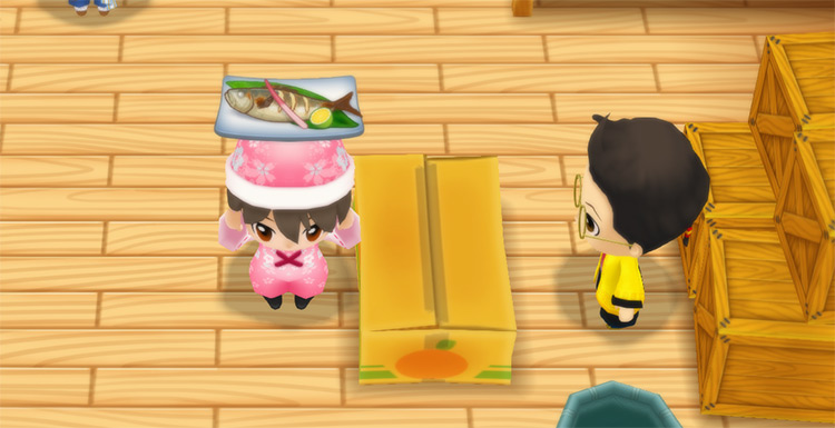 The farmer stands in front of Huang’s counter while holding a plate of Grilled Fish. / Story of Seasons: Friends of Mineral Town