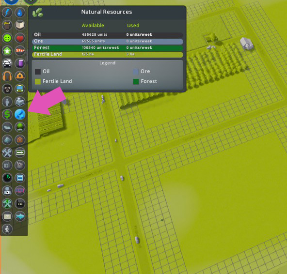 Fertile land will show up as bright green, and forestry as dark green / Cities: Skylines