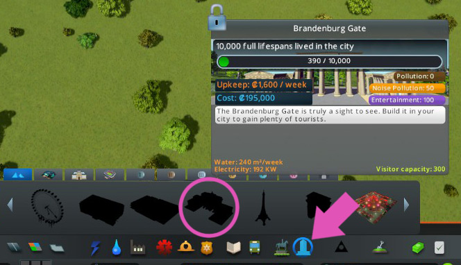 Hovering over its silhouette in the menu will show you your progress / Cities: Skylines