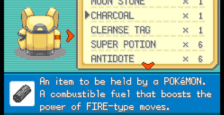 The Charcoal’s in-game description for Pokémon FireRed and LeafGreen / Pokémon FireRed & LeafGreen