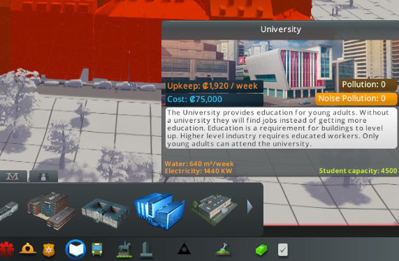 Hovering over each ploppable building in the menu will tell you its function, as well as how much it will cost you to build and maintain. / Cities: Skylines