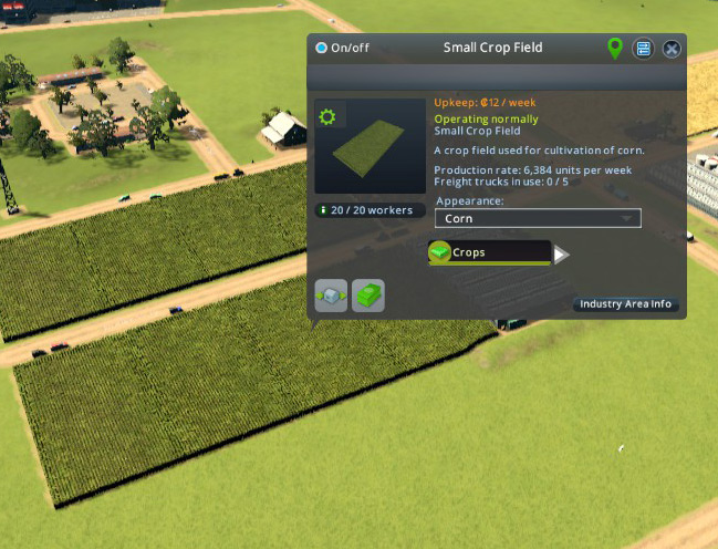 A row of crop fields, an example of ploppable industry buildings from the Industries DLC. / Cities: Skylines