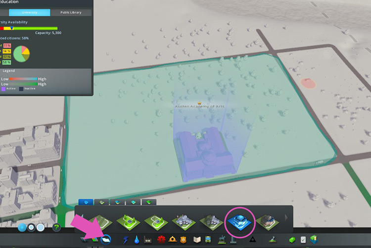 Use the Paint Campus Area tool to expand your liberal arts campus area. / Cities: Skylines