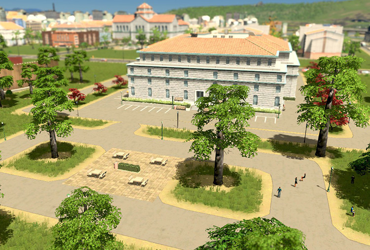 The Liberal Arts Study Hall (education building) with the Outdoor Study (supplementary building) in front of it. / Cities: Skylines