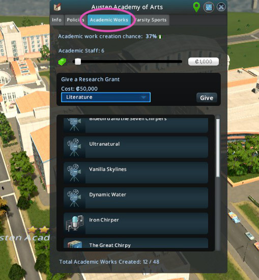 Click on the Academic Works tab to hire academic staff or fund research, in order to produce more academic works. / Cities: Skylines