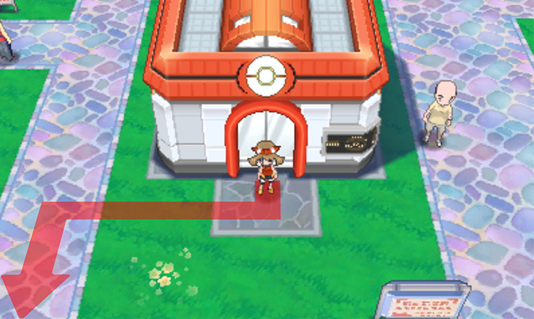 In front of Slateport City’s Pokemon Center / Pokémon Omega Ruby and Alpha Sapphire
