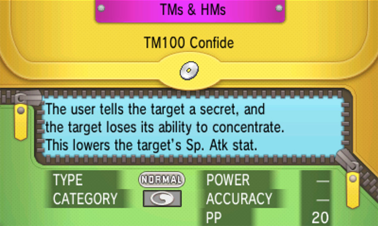 In-game details for TM100 Confide / Pokémon Omega Ruby and Alpha Sapphire