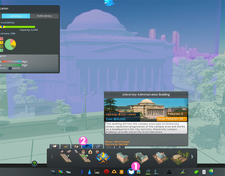 The University Administration Building in the education menu (1), then in the University Campus Area tab (2) / Cities: Skylines