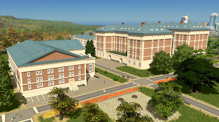 A university gymnasium (left) and two university dormitories facing each other (right) / Cities: Skylines