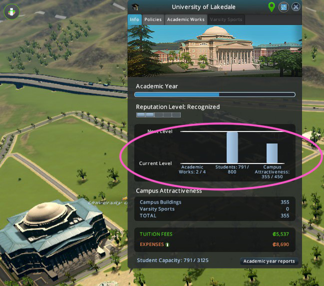 Clicking the name of your university on the map brings up more information / Cities: Skylines