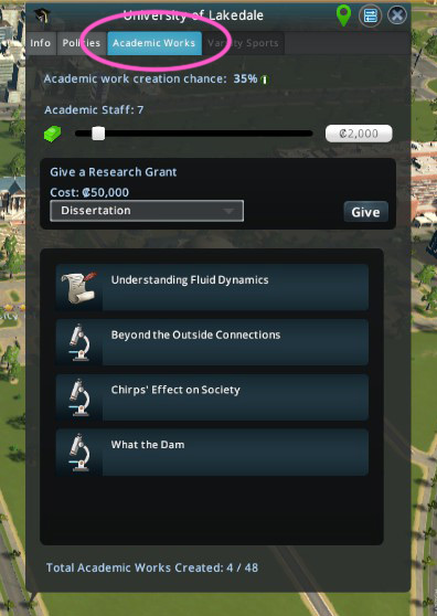 Click the Academic Works tab to hire academic staff, or give research grants / Cities: Skylines