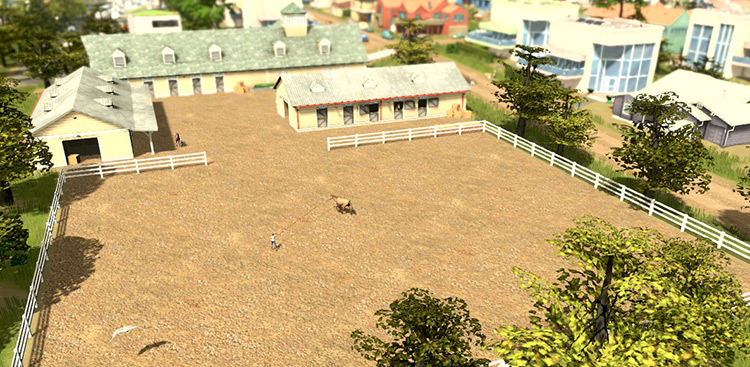 The Riding Stable features animation of horses running around. / Cities: Skylines