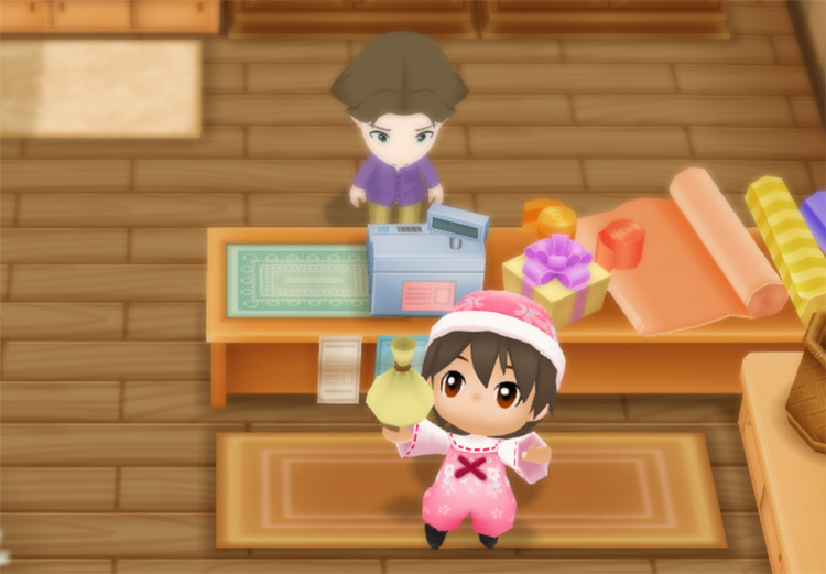 The farmer buys Corn seeds from Jeff at the General Store. / Story of Seasons: Friends of Mineral Town